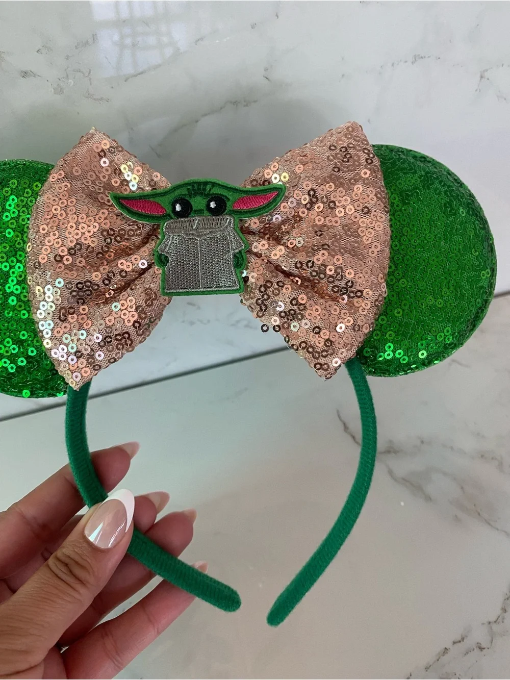 Sequin Green & Rose Gold Kids Ear Headband with Baby Yoda Accent